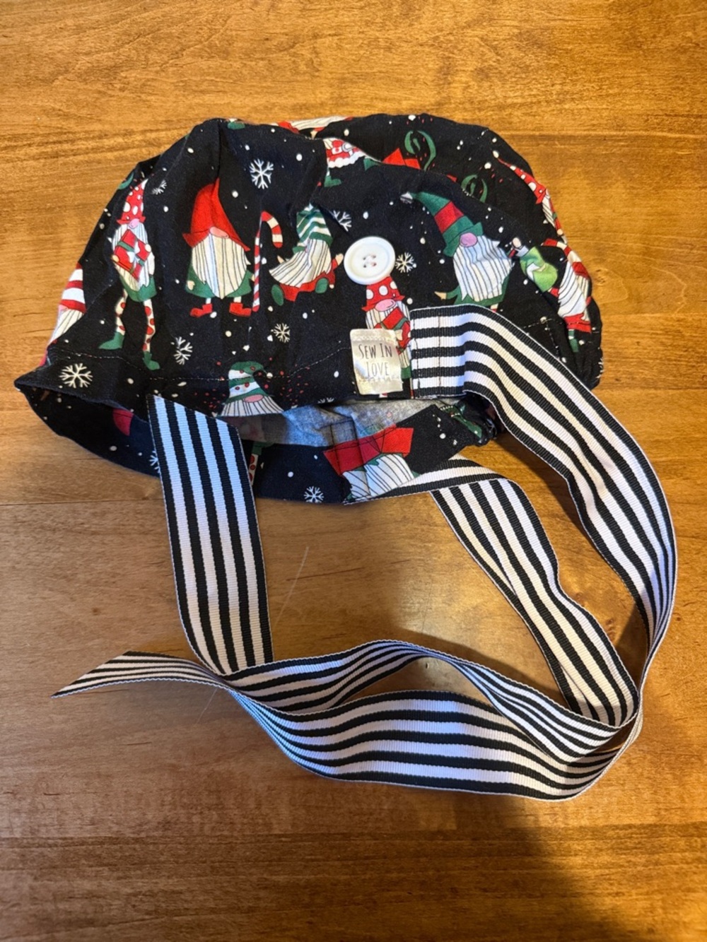 Black Holiday Print Scrub Cap with Striped Ties